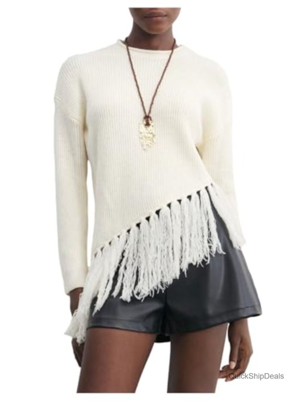 Boho Fringe Pullover Cropped Sweater Crew Neck Long Sleeve Knit Top